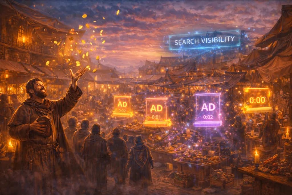 A medieval merchant using glowing banners and gold coins shows that ads can buy attention but do not directly improve ranking.