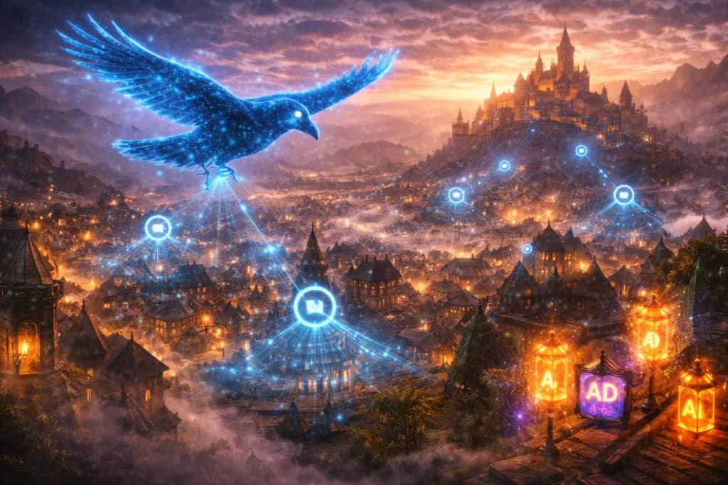 A digital raven flying over a medieval city shows that ads do not replace the deeper signals that shape organic ranking.