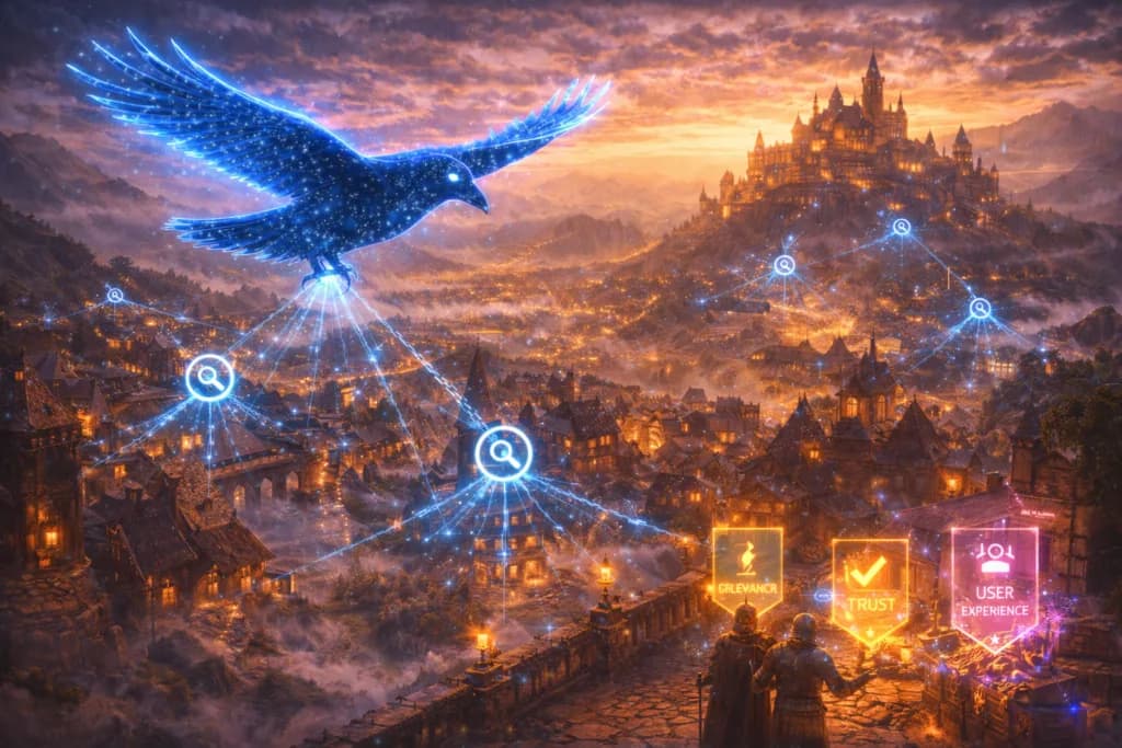 A glowing raven scanning a medieval kingdom shows that backlinks are only one part of a much larger ranking system.