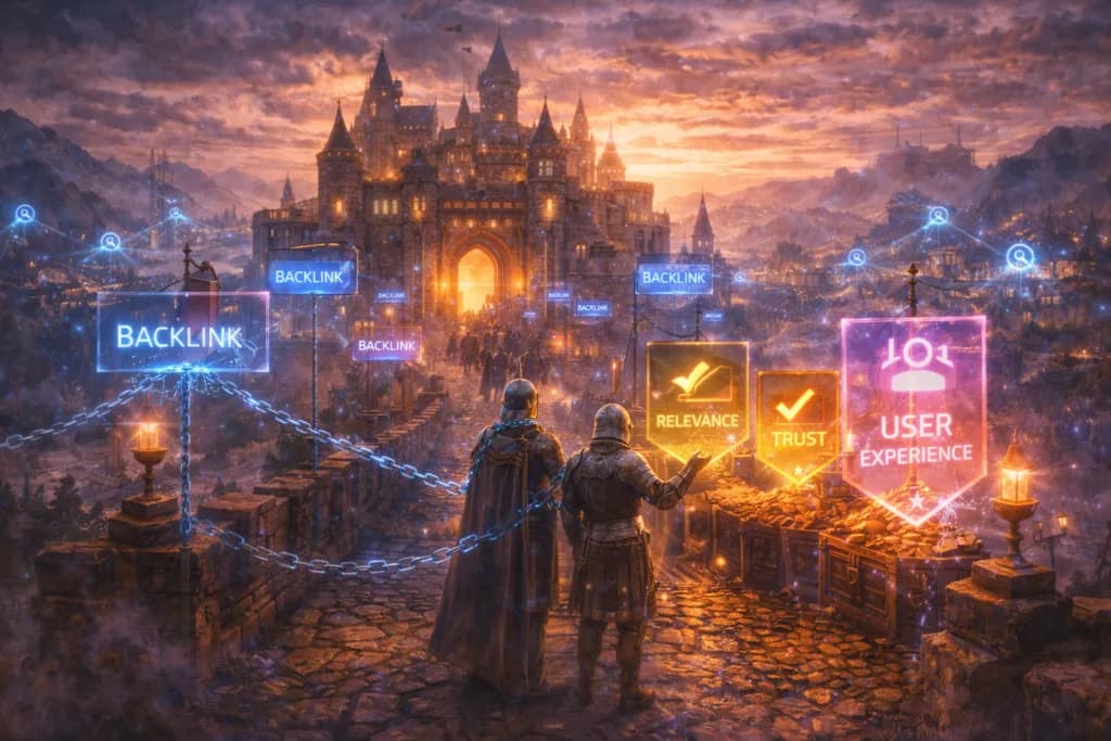A guarded bridge to a medieval fortress illustrates that backlinks need trust and relevance to support better ranking.