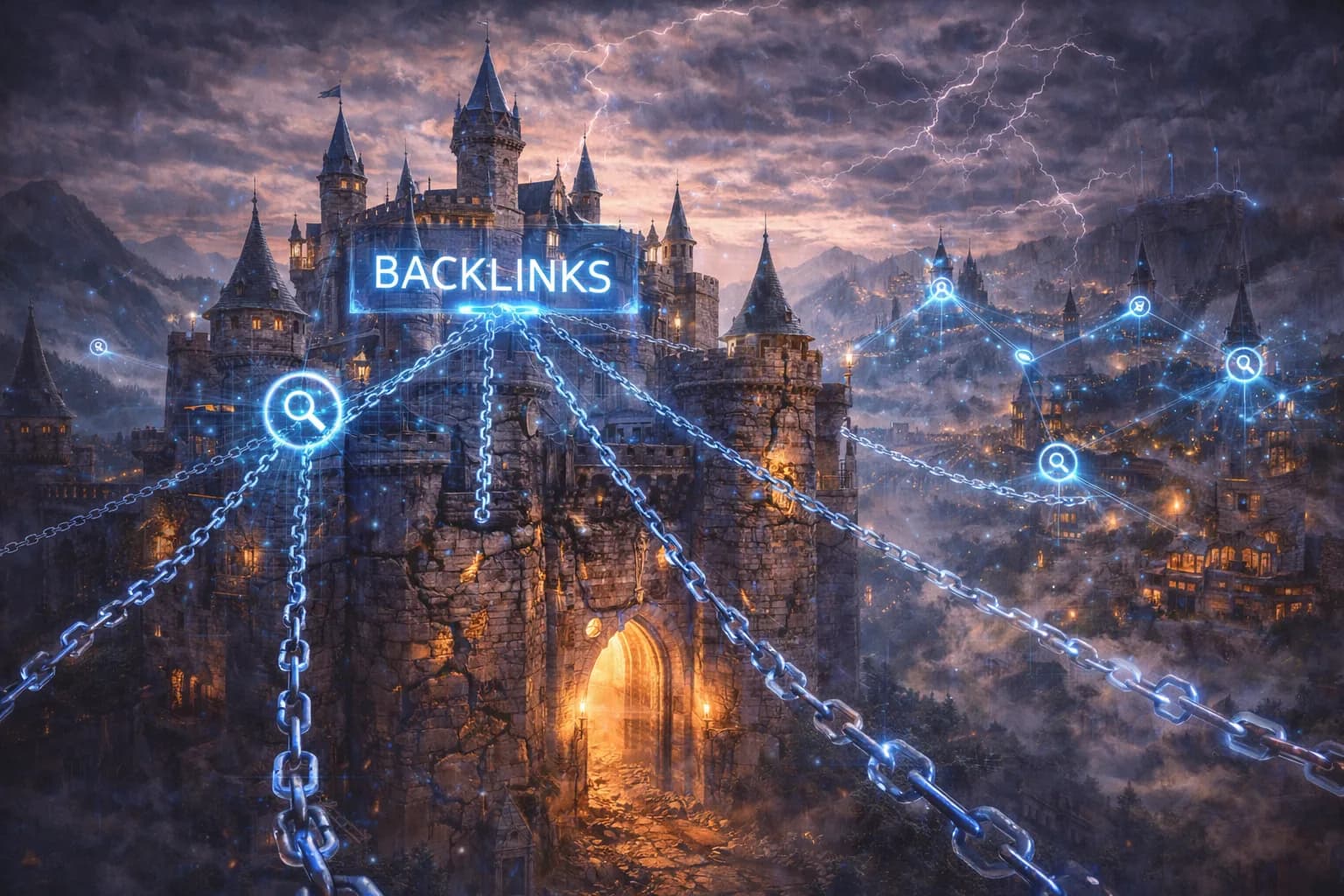 A medieval castle held by glowing chains shows that backlinks alone are not enough to build strong and lasting ranking.