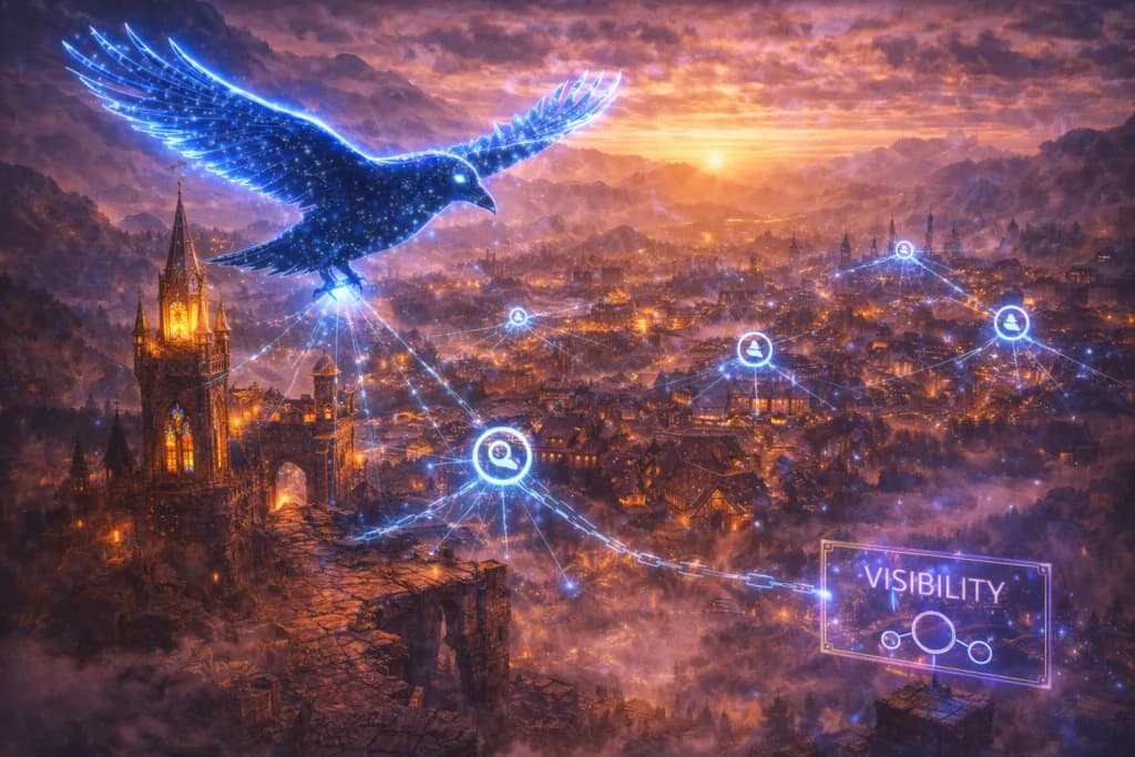A digital raven scanning a medieval city shows that a website needs more than visual beauty to improve ranking.