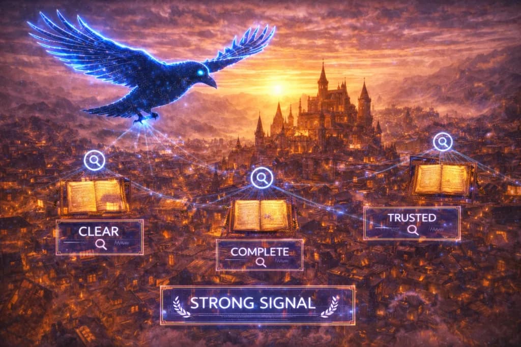 A glowing digital raven soaring over a medieval kingdom, scanning hundreds of illuminated manuscripts spread across rooftops and towers, but focusing only on the clearest, most complete, and most trusted signals, epic aerial composition, sunrise haze, layered fog, medieval fantasy with futuristic data overlay, photorealistic detail