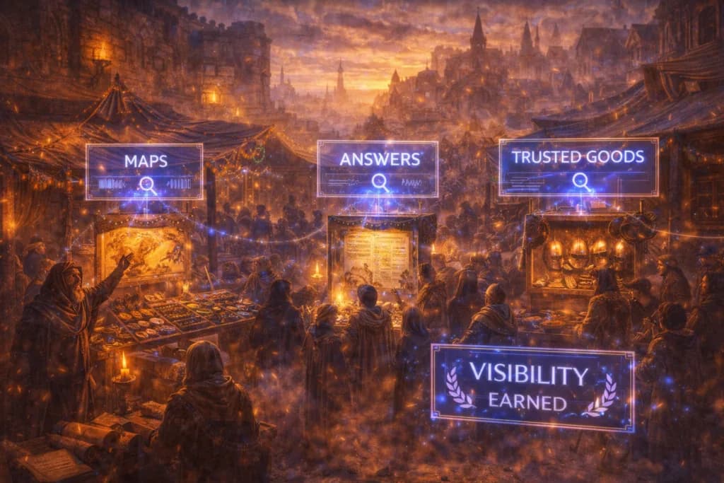 A medieval market crowded with merchants shouting from beautifully decorated stalls, while only the stalls offering the clearest maps, answers, and trusted goods attract travelers, symbolizing that useful and relevant content stands out above the rest, dawn light, misty atmosphere, medieval city textures with sleek digital interface overlay, highly detailed cinematic fantasy style