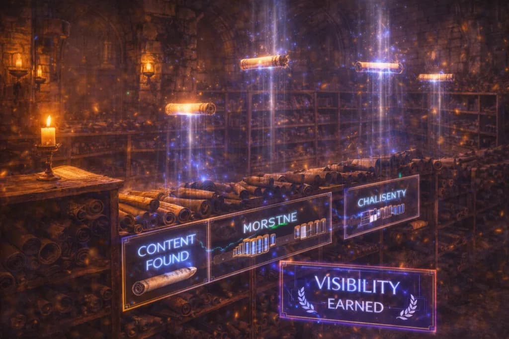 A medieval archive filled with countless glowing scrolls, but only a few are lifted into beams of light above the shelves while the rest fade into shadow, symbolizing that not all content earns visibility, cinematic candlelight, drifting dust, ancient stone library, modern holographic neon overlay, ultra detailed fantasy realism