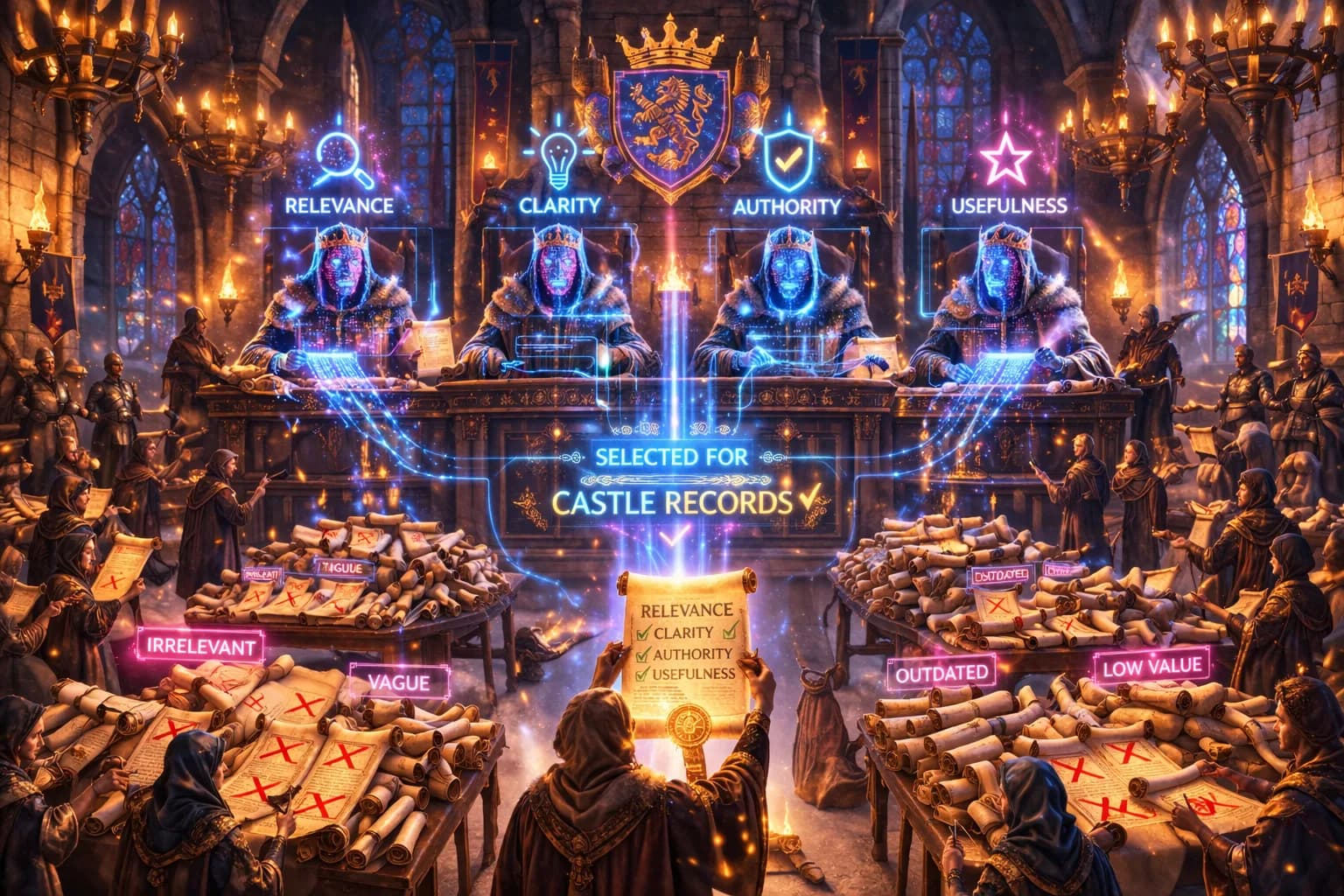 A royal medieval courtroom selects only the most useful scrolls for the castle records, showing why not all content earns a place in Google search results.