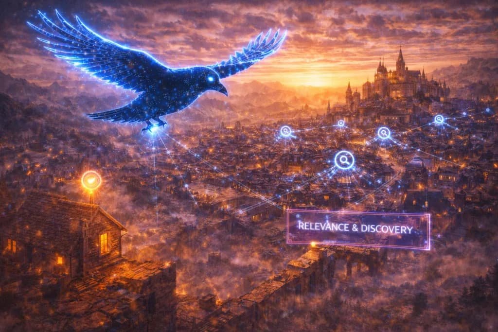 A digital raven scanning many glowing rooftops shows that posting over time creates stronger search signals than one isolated post.