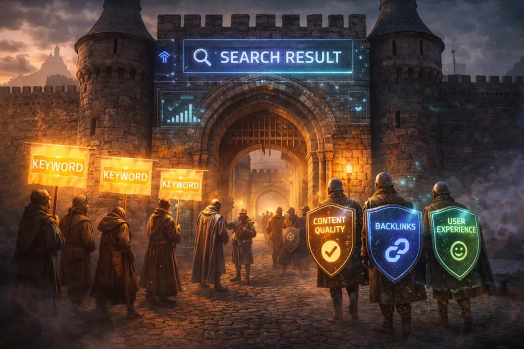 A medieval castle gate shows that ranking is influenced by quality, trust, and technical factors beyond keywords.