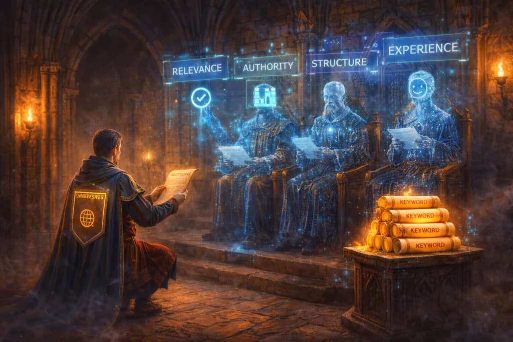 A medieval courtroom scene illustrates that ranking is judged by many signals, not just a pile of keywords.