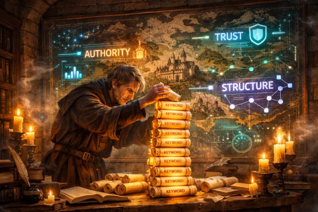 A medieval scholar stacking glowing scrolls while digital symbols reveal that ranking depends on more than keywords