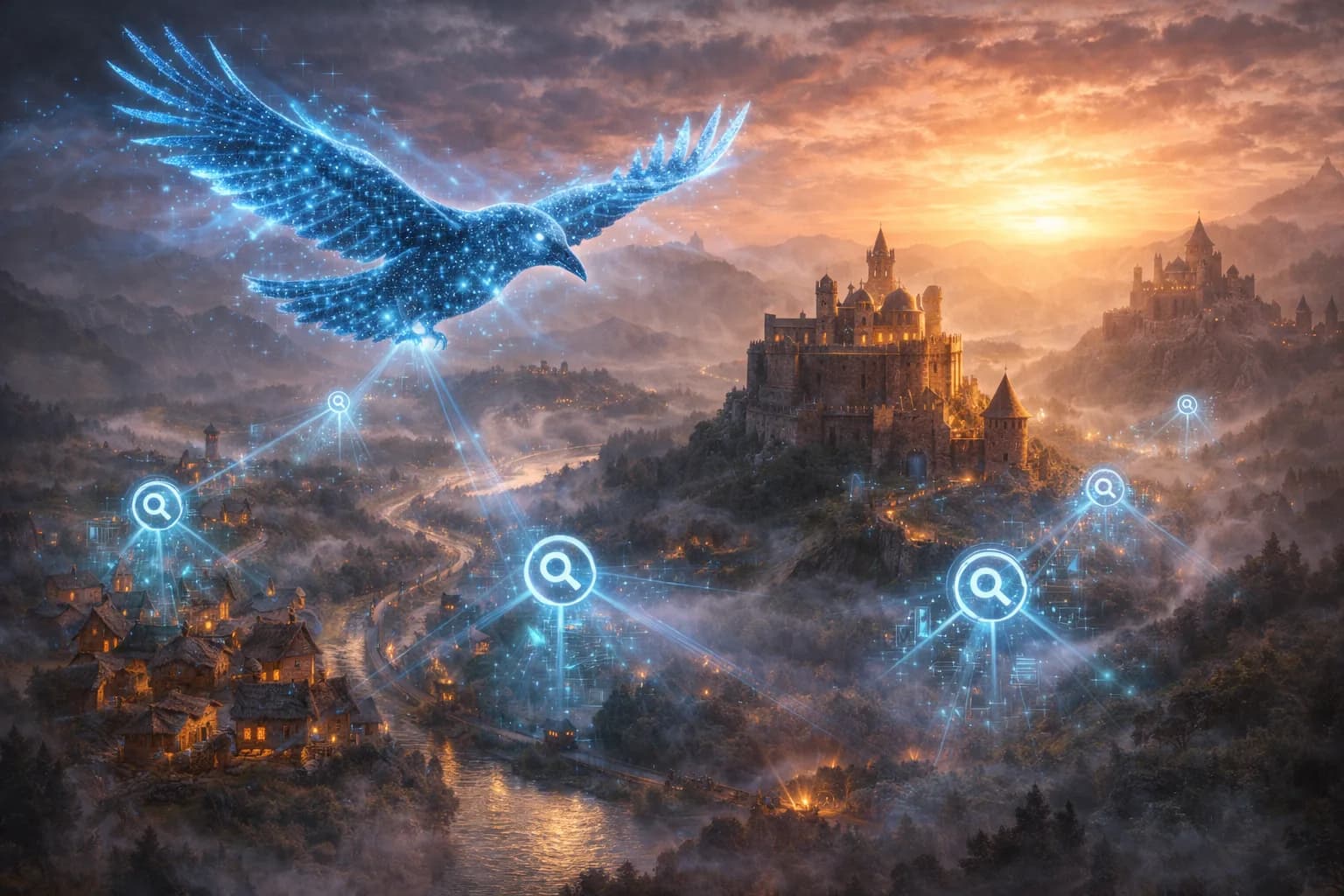A glowing raven surveys a medieval kingdom to symbolize how ranking depends on the full content landscape, not only keywords.
