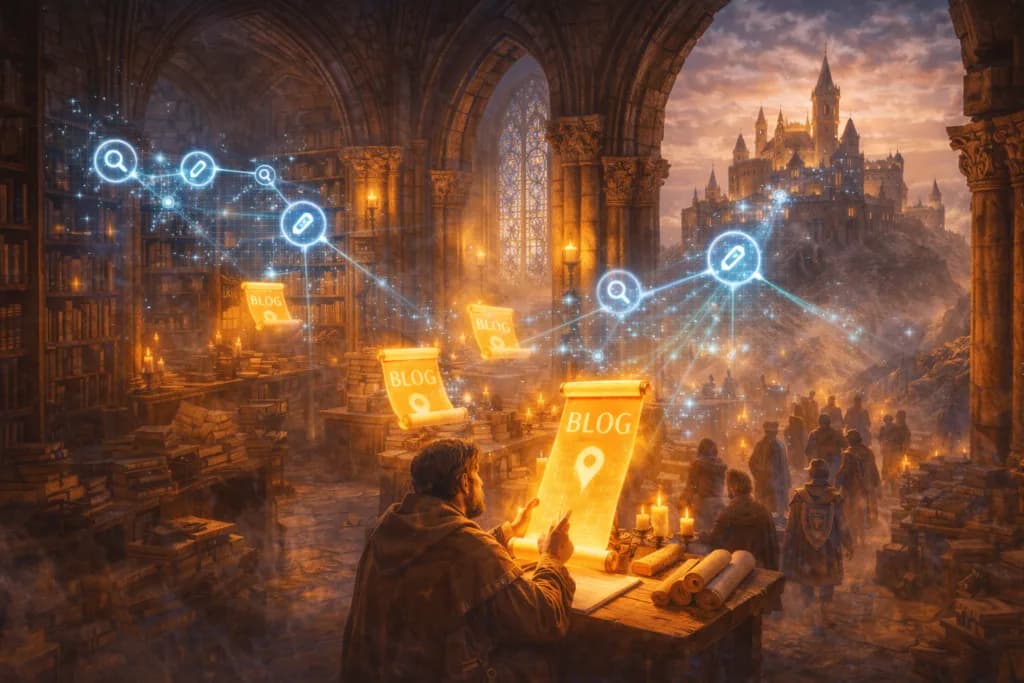 A medieval library linked to a castle with glowing pathways represents how blogs build authority and strengthen site structure