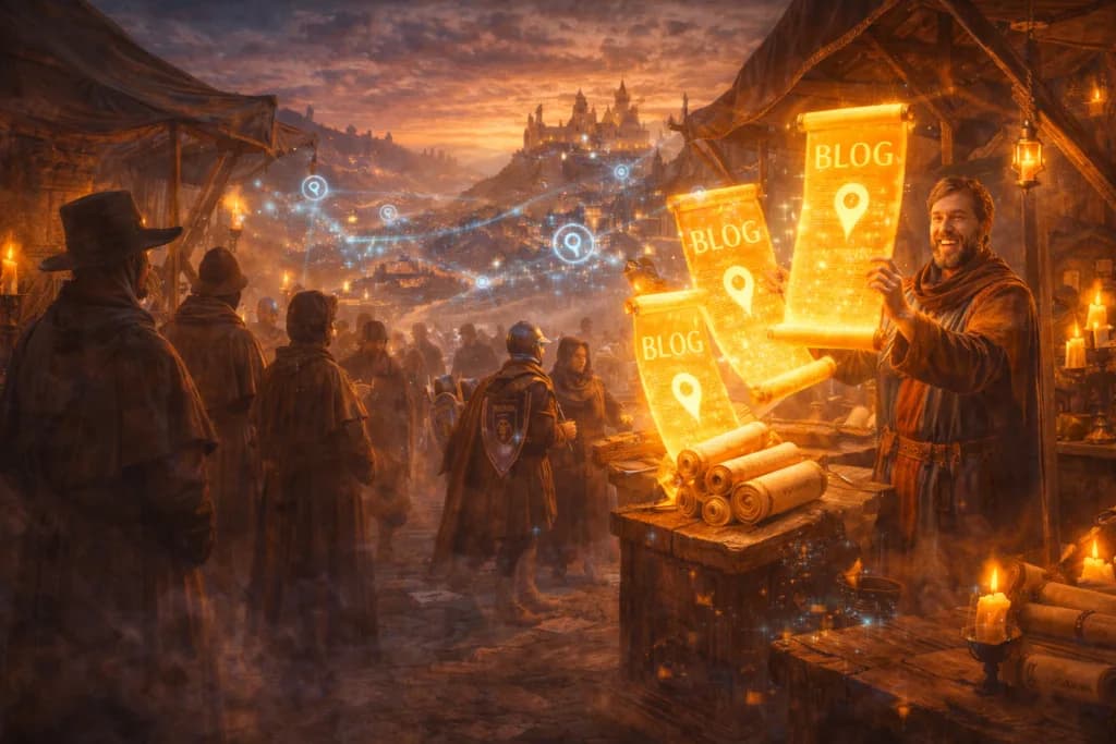 A glowing market stall in a medieval town shows how blogs attract attention, traffic, and discovery from across the kingdom.