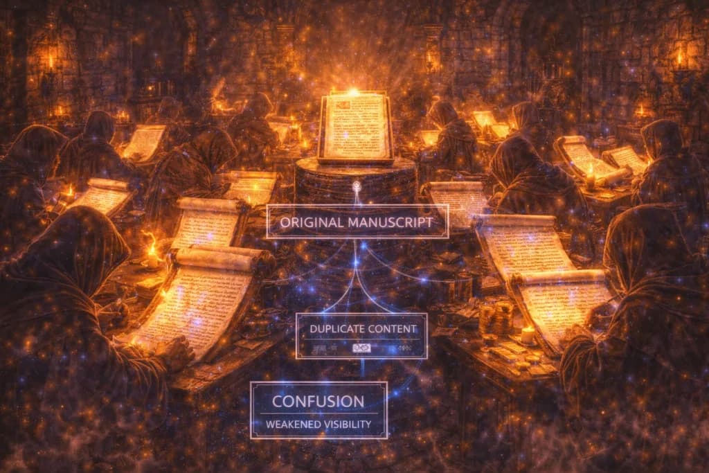 A medieval archive maze with repeated text represents how duplicate content creates confusing paths for users and search engines.