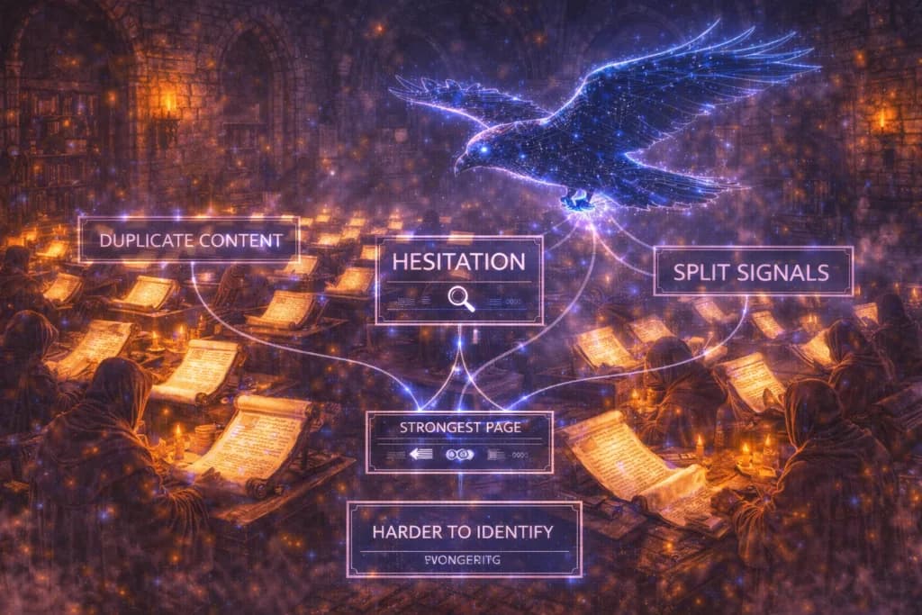 A glowing raven over a fractured medieval archive with split light-trails, illustrating how duplicate content divides search signals and hides the strongest page.
