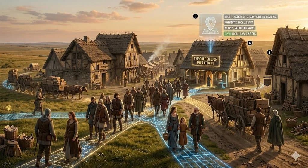 A medieval trading outpost in a southern landscape shows why Local SEO is essential for businesses that need to be found by nearby customers.