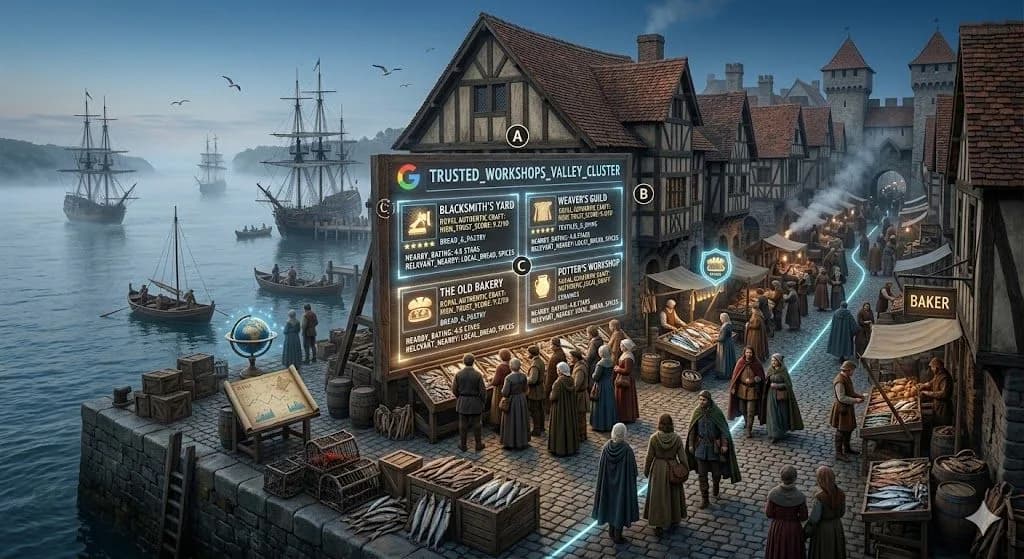 A medieval coastal market with glowing trust and location signals shows why Local SEO helps businesses compete for local visibility and customers.
