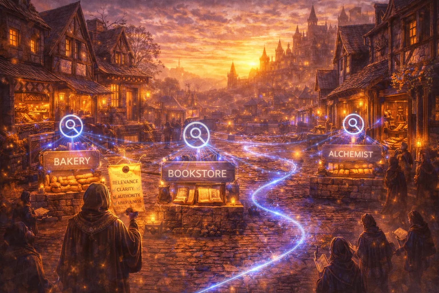 A medieval town square with glowing paths to nearby shops shows how Local Businesses need Google ranking to be found by local customers.
