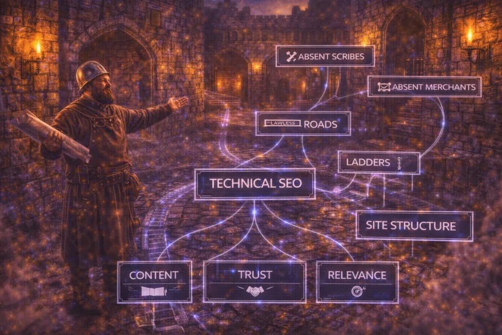 A medieval builder with flawless roads and walls illustrates that technical SEO still needs content and authority to support ranking.