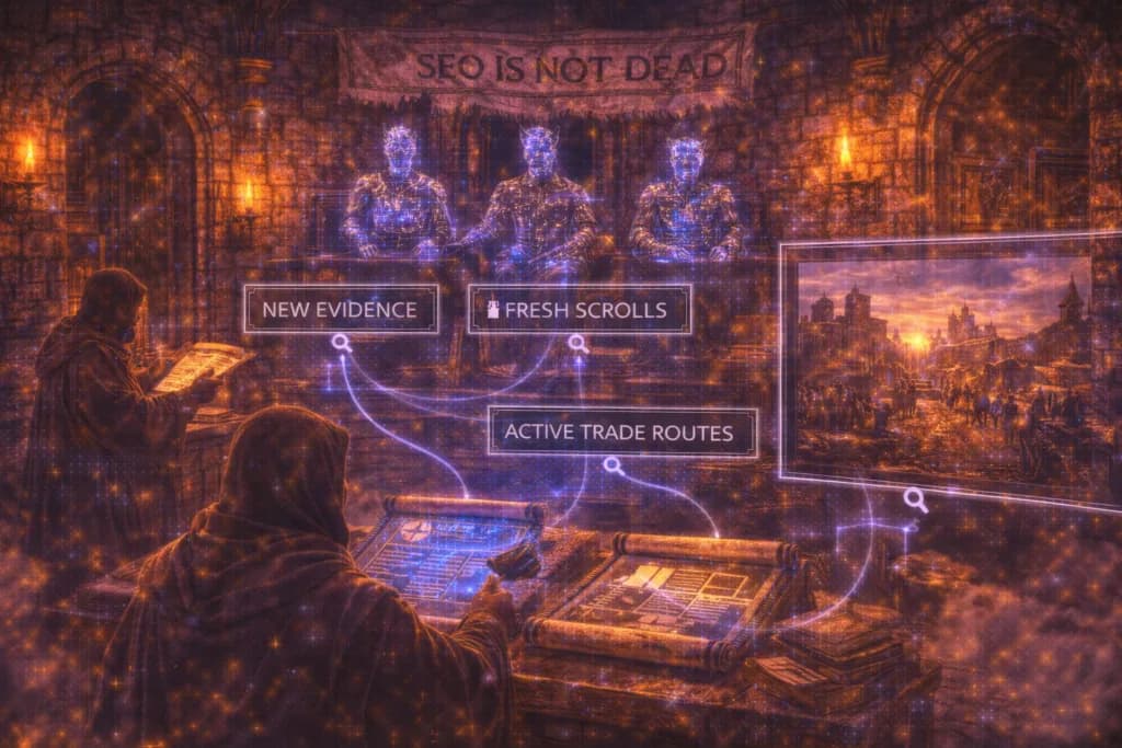 A medieval strategist studying glowing maps and trade routes by candlelight, illustrating how SEO still drives visibility when fed fresh evidence and content.