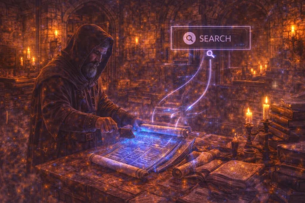 A medieval scholar reviving glowing scrolls shows that SEO still matters even as the digital landscape changes.