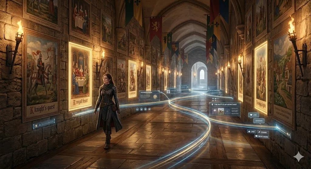 A medieval corridor of glowing story panels illustrates how storytelling helps guide readers smoothly through a blog post.