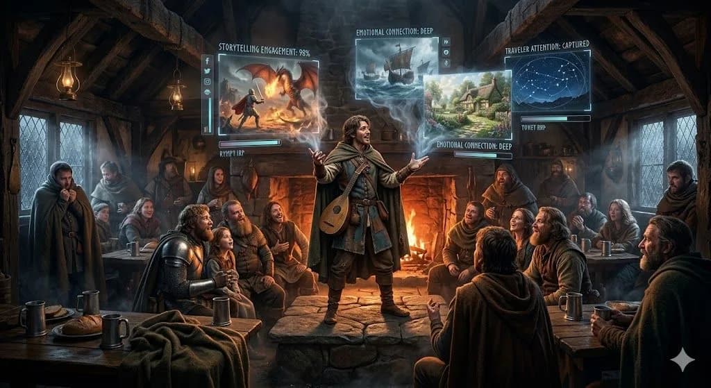 A medieval bard surrounded by glowing scenes shows how storytelling in blogging captures attention and draws readers into the message.