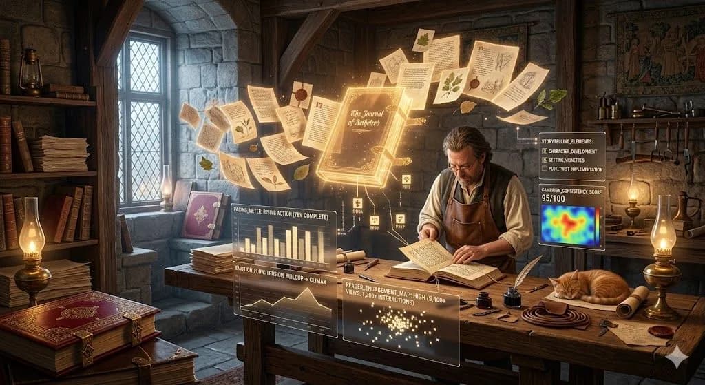 A medieval bookbinder assembling a glowing volume shows how storytelling turns separate ideas into a compelling and engaging blog experience.
