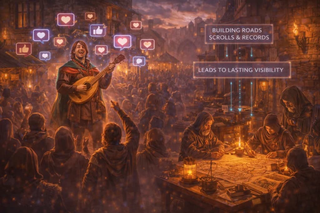 A medieval minstrel drawing a crowd amid floating heart icons, contrasting fleeting social-media attention with the lasting visibility built by search.