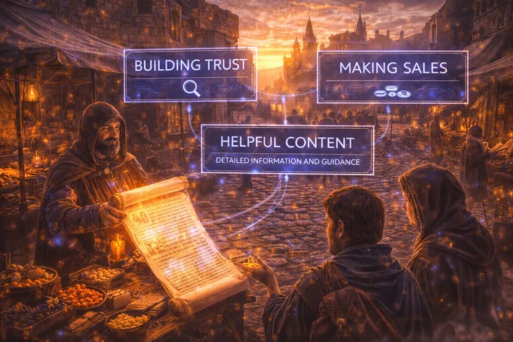 A medieval merchant using glowing scrolls to inform customers illustrates how blogs build trust that can lead to sales.