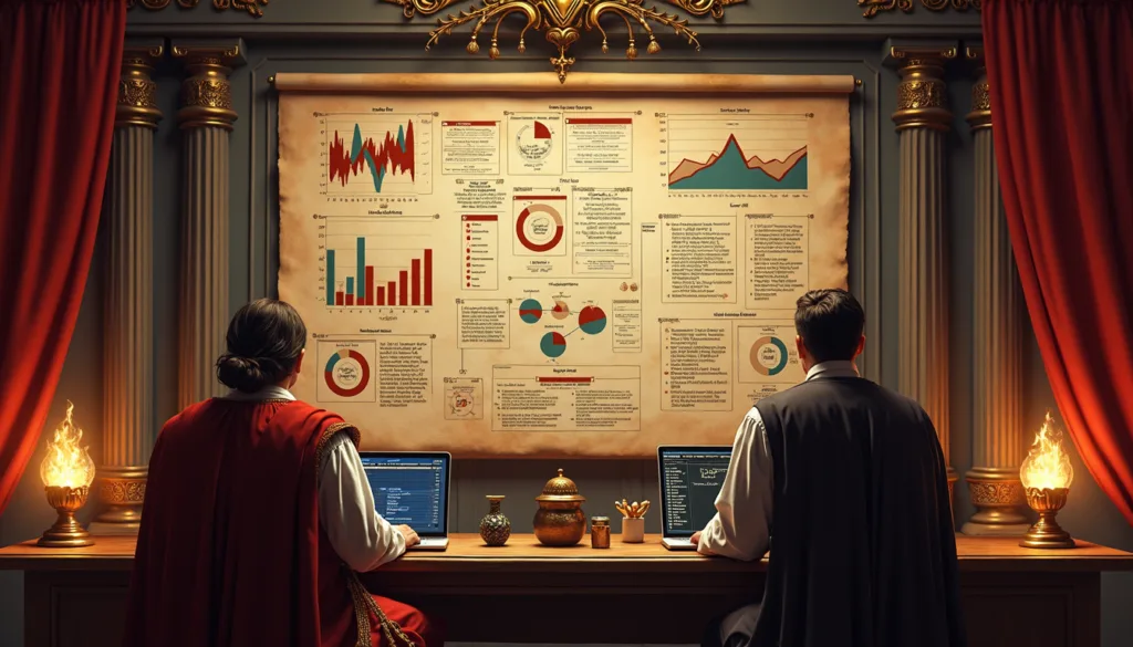 Two robed analysts at laptops studying a wall of charts and reports, illustrating how to diagnose the analytics behind why a website isn't showing on Google.