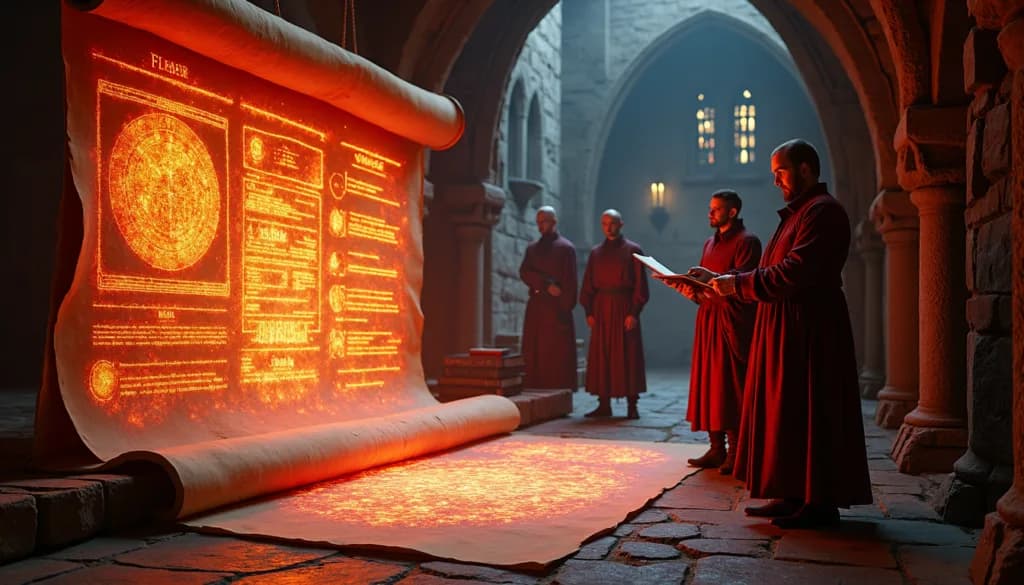 A medieval scholar reading glowing records by lantern light in a stone hall, illustrating the investigation into why a website isn't appearing on Google.