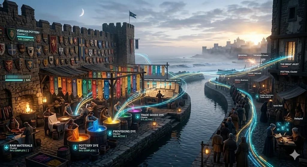 A medieval dye workshop hanging radiant banners over a canal shows how blogging can boost online visibility and support SEO success.