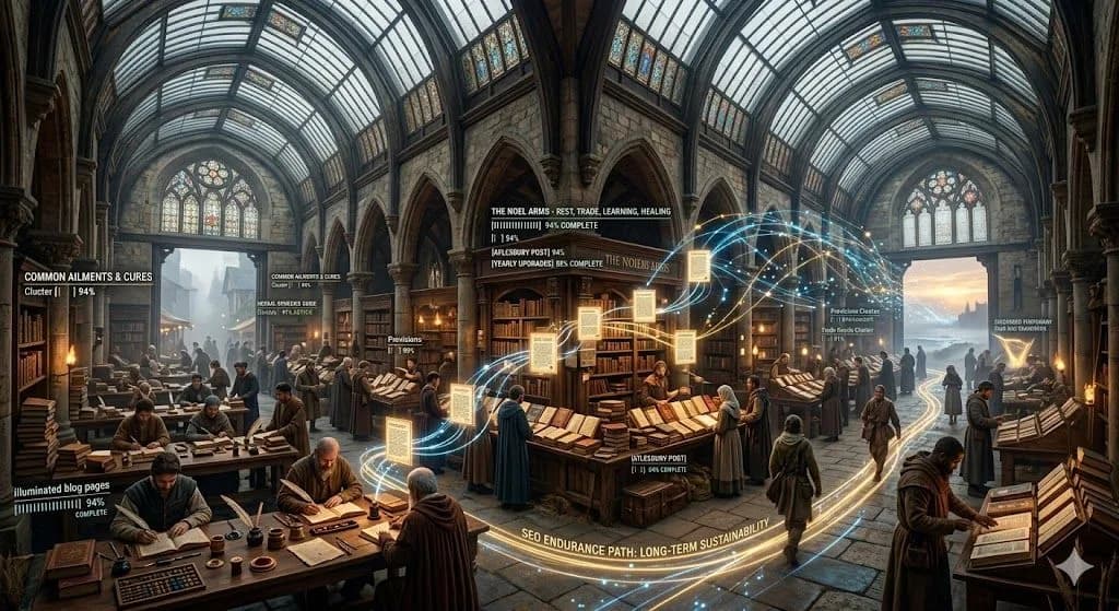 A medieval reading arcade with glowing pathways from blog pages illustrates how blogging improves discoverability and SEO success.