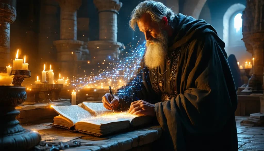A cinematic, ethereal image of an elderly bearded scholar in a dark robe writing in a glowing ancient book with a magical quill. Sparks of blue and gold light rise from the pages in a candlelit stone chamber, symbolizing the power of blogging and the craft of creating high-quality content to achieve a top ranking on Google.