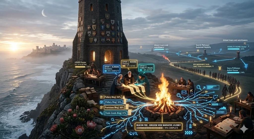 A medieval beacon archive sending glowing signals across the kingdom shows how blogging boosts online visibility and supports SEO success.