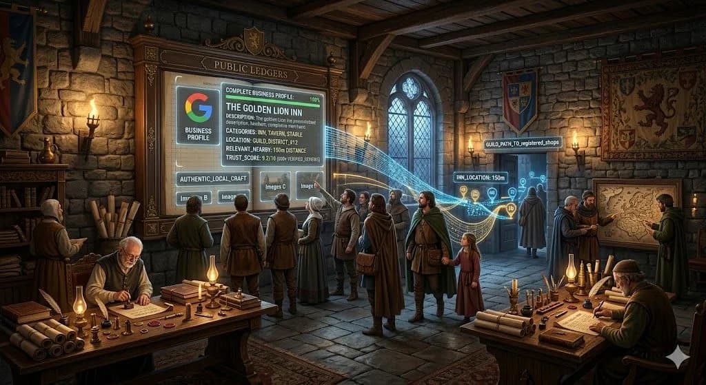 A medieval public business ledger guiding people to a shop shows how Visibility improves through a strong Google Business Profile.