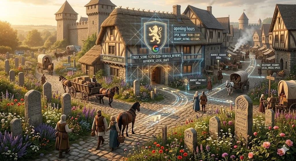 A medieval inn with glowing route markers and profile details shows how Visibility grows when a business is clearly listed and easy to find.