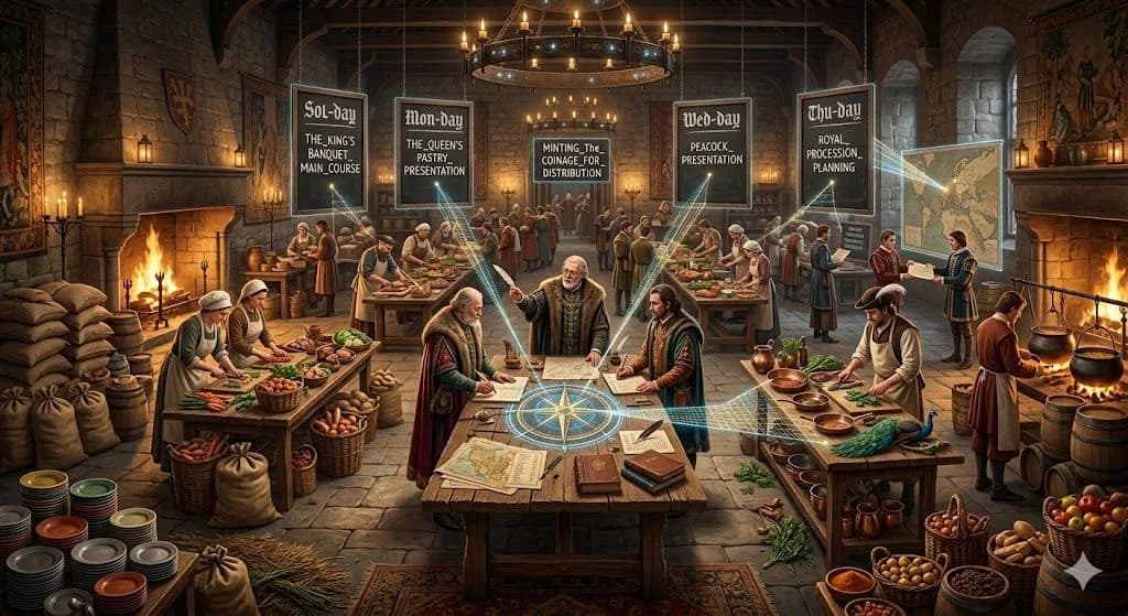 A medieval feast hall with labeled daily boards illustrates how a content calendar keeps every publishing task coordinated and on time.