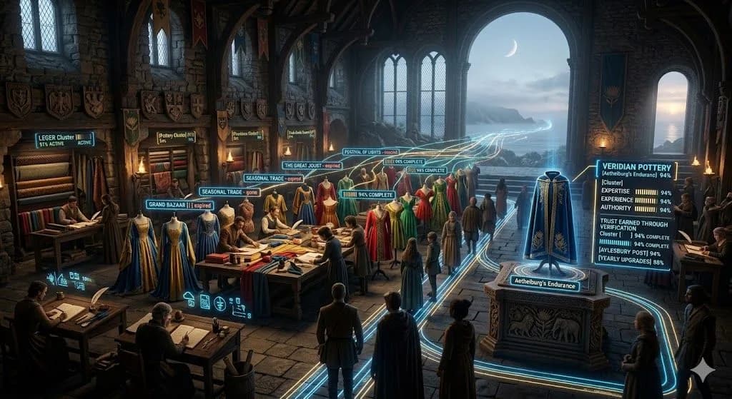 A medieval wardrobe hall with shifting fashions and one timeless cloak shows evergreen vs trending content through short-lived trends and lasting value.