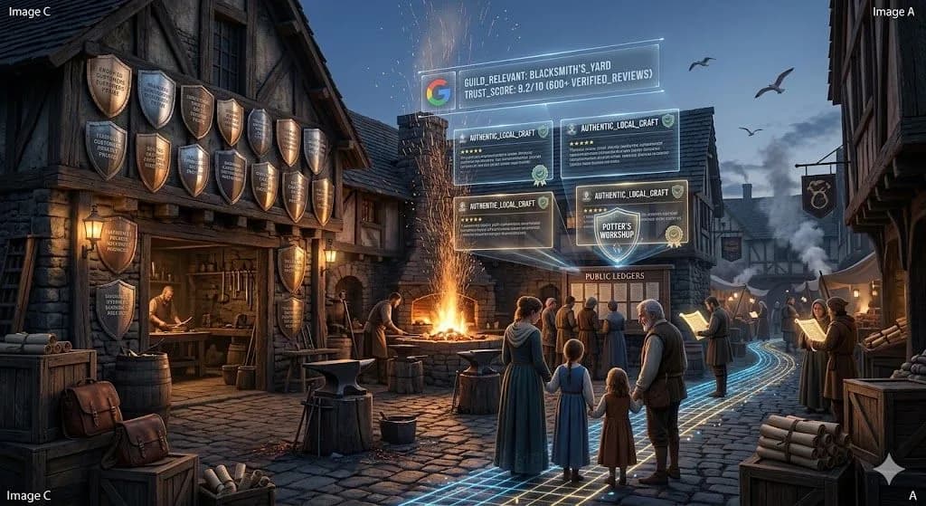 A medieval blacksmith displaying customer Reviews on engraved shields illustrates how reputation management can improve local visibility.