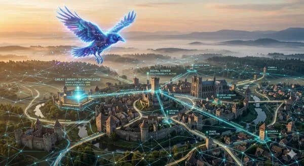 A digital raven scanning a connected medieval kingdom illustrates how seo fundamentals support modern visibility across the digital landscape.