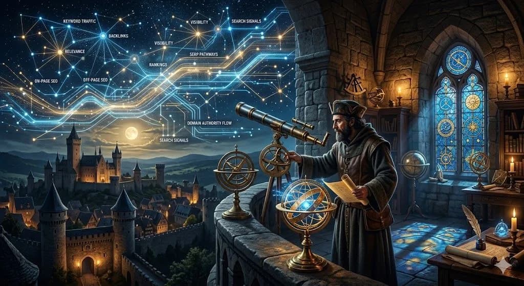 A medieval astronomer studies glowing constellations to show What does SEO look like now? in a modern search landscape.