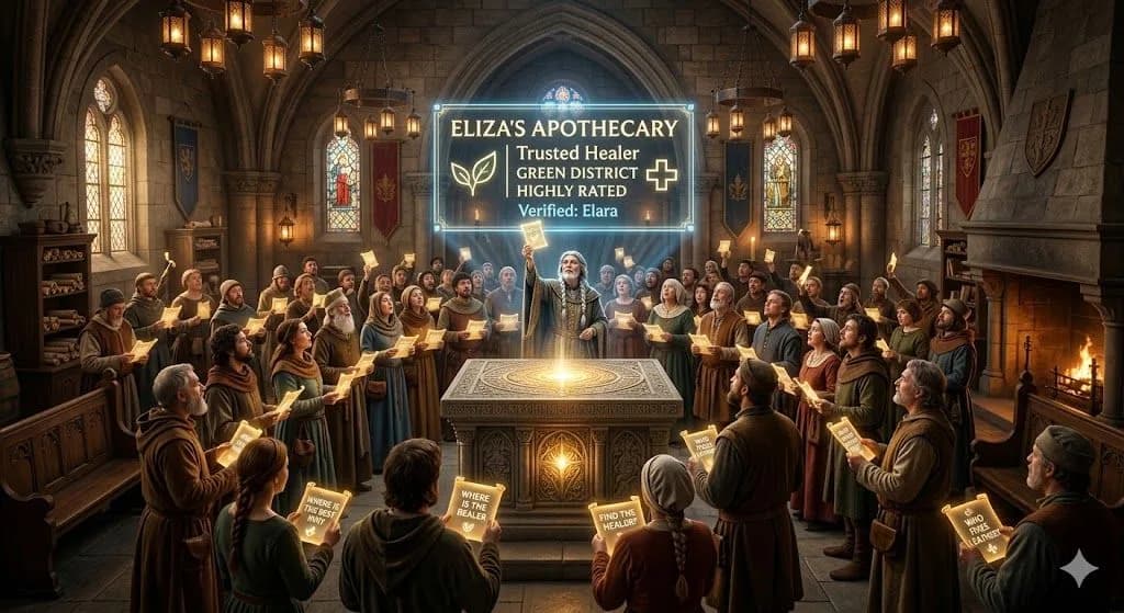 A medieval answer hall showing one clear response above a crowd illustrates how AEO helps businesses become the best answer in search.