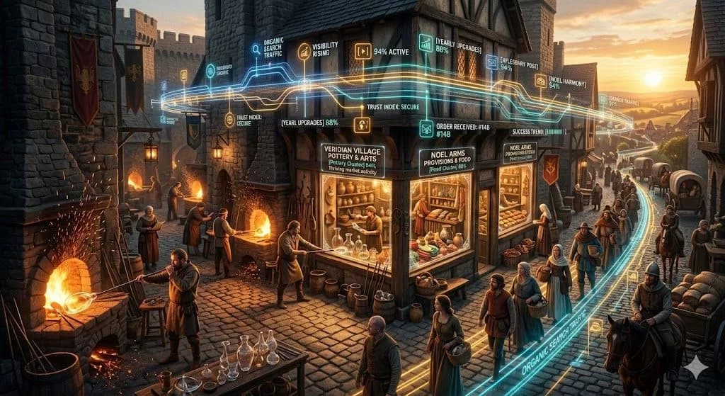 A medieval glassmaker’s district with bright windows shows how seo in 2025 can build visibility and trust for business success.