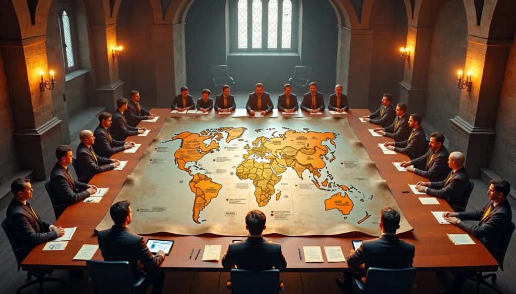 A council of advisers around a long table marked with a world map, illustrating a search-visibility audit of why a business isn't ranking.