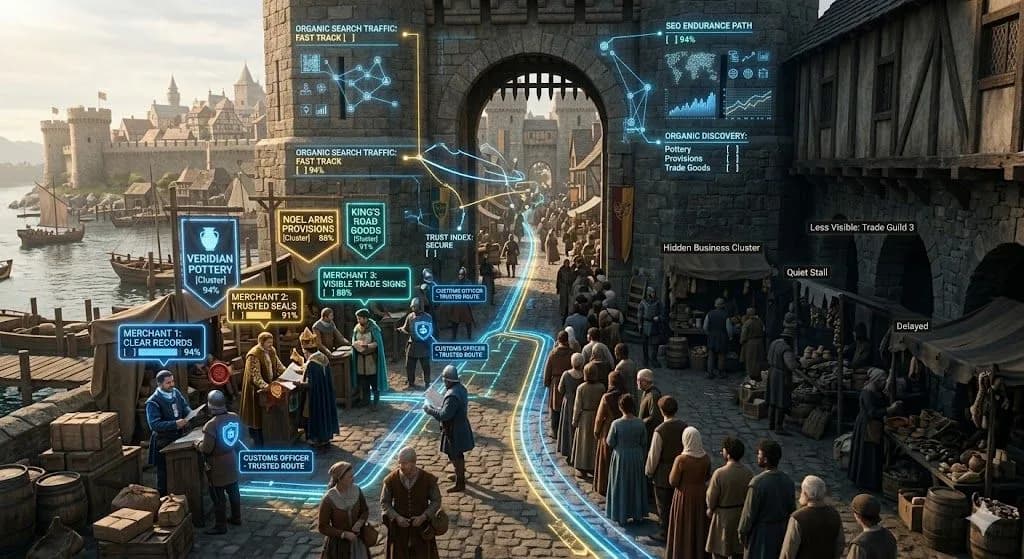 A medieval customs house admitting trusted merchants shows how seo in 2025 supports business success through visibility and credibility.