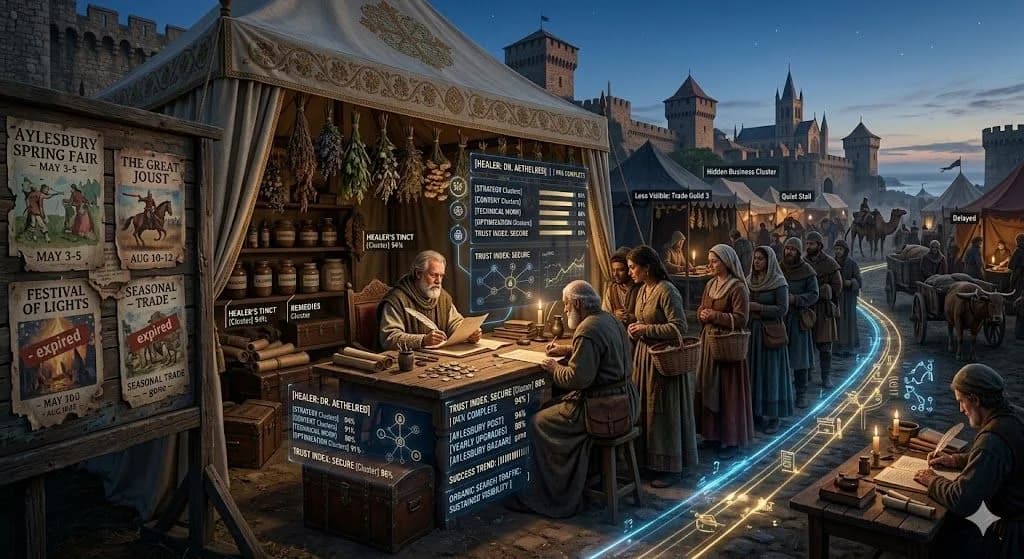 A respected healer at a medieval fair shows how googleNavigational can reflect trust built through real experience and proven credibility.