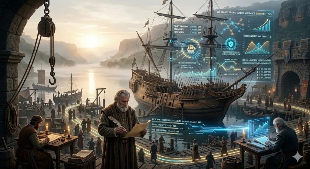 A medieval shipwright presenting a verified vessel shows how googleNavigational can symbolize trust built through expertise, reputation, and dependable quality.