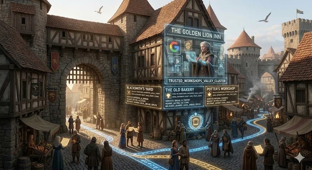 A medieval city gate kiosk with glowing business details illustrates how Google Business Profile improves local visibility and access.